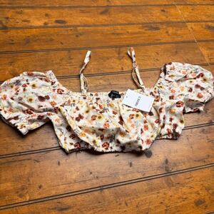 Forever 21 Womens Floral Off Shoulder Crop Top Puff Sleeve Cream Rust Small NWT
